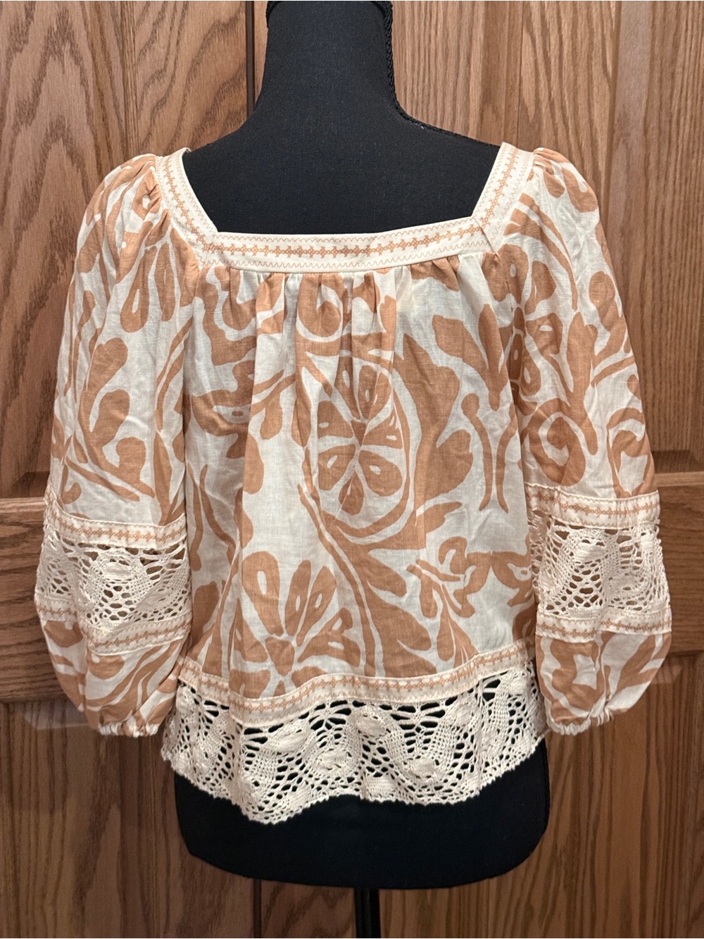 Women's Boho Linen Crochet Trim Peasant Top